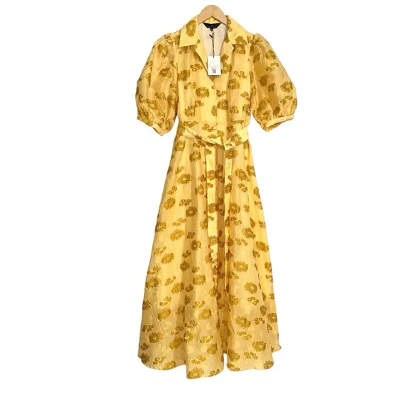 NWT Abbey Glass Charlotte Yellow Floral Button Front Gown Midi Dress SMALL